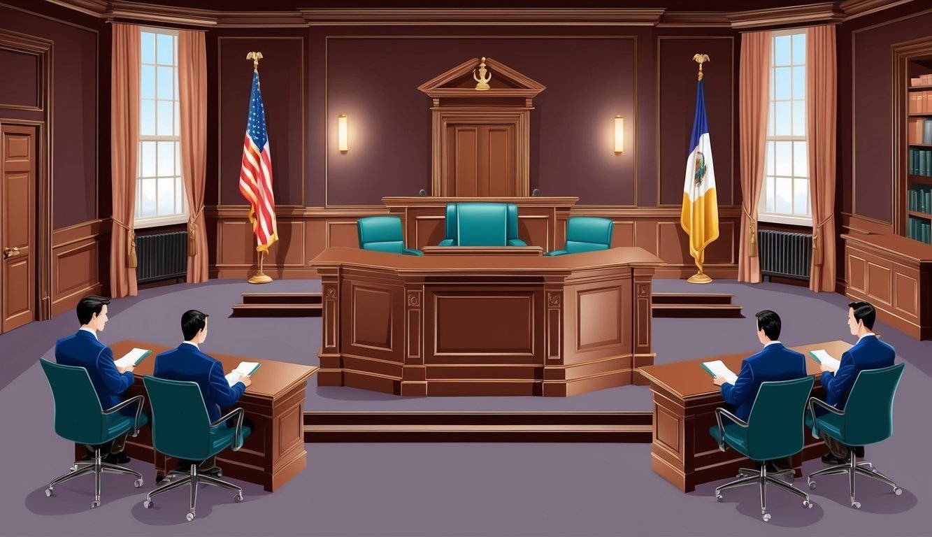 A courtroom with a judge's bench, witness stand, and seating for lawyers and clients