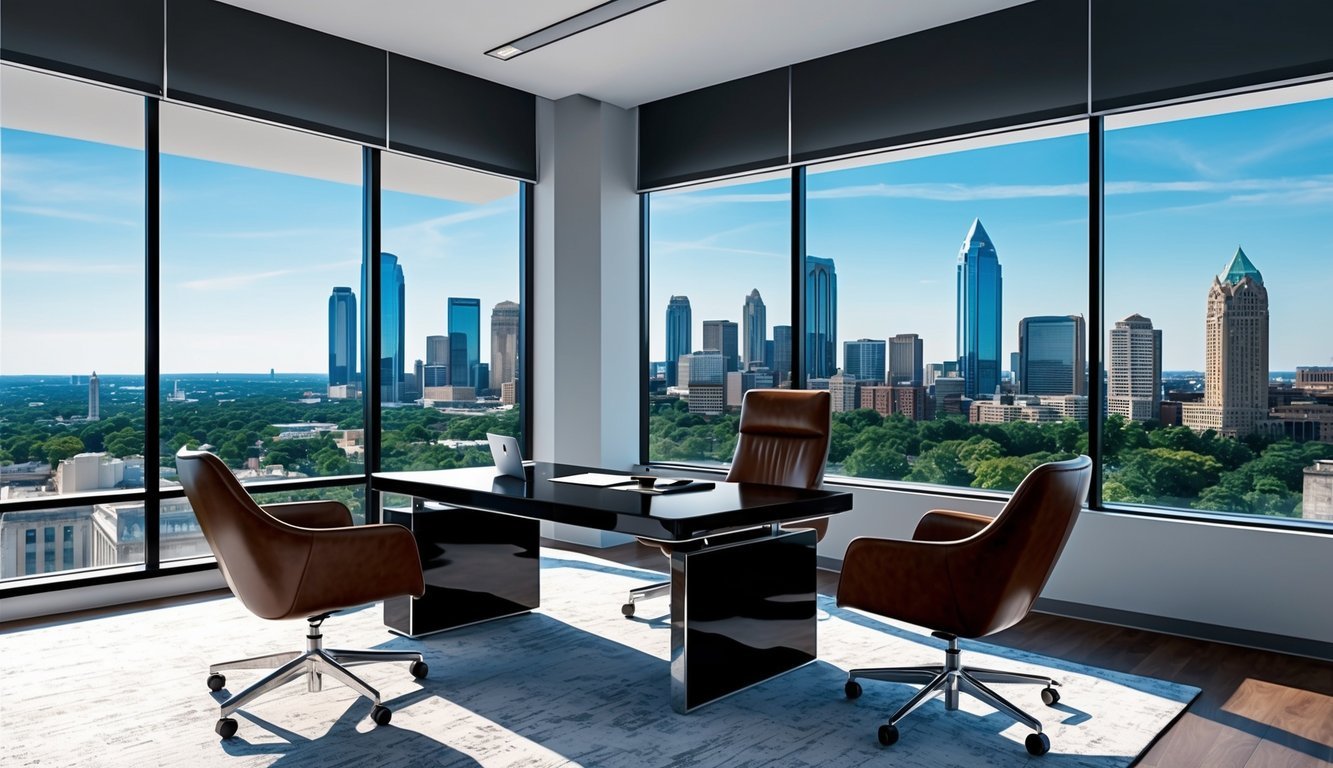 A modern office with a sleek desk, leather chairs, and large windows overlooking the Atlanta skyline