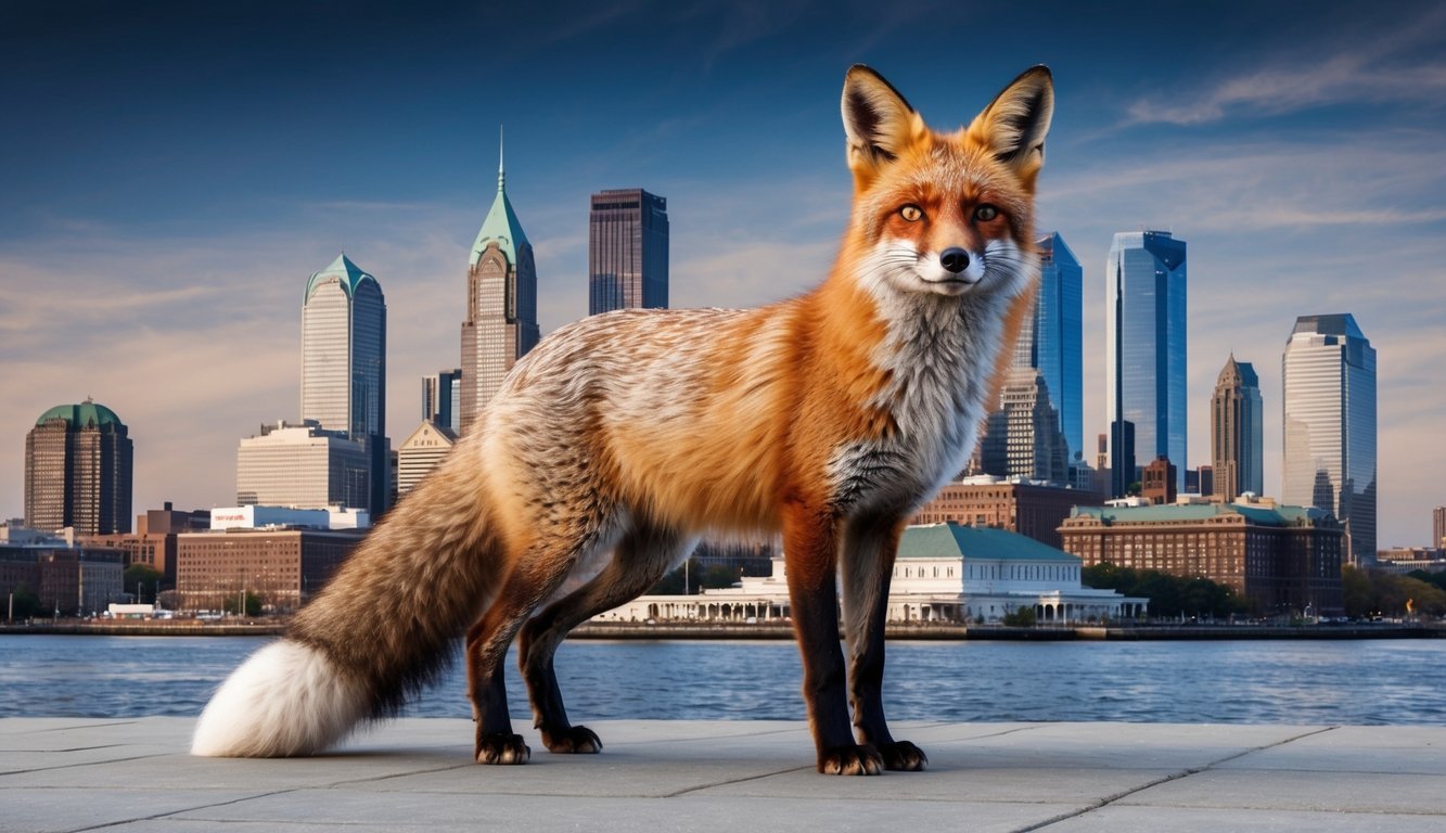 A majestic red fox standing proudly in front of the iconic Philadelphia skyline