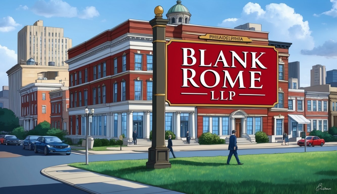 A bustling law office in Philadelphia with a prominent sign for Blank Rome LLP