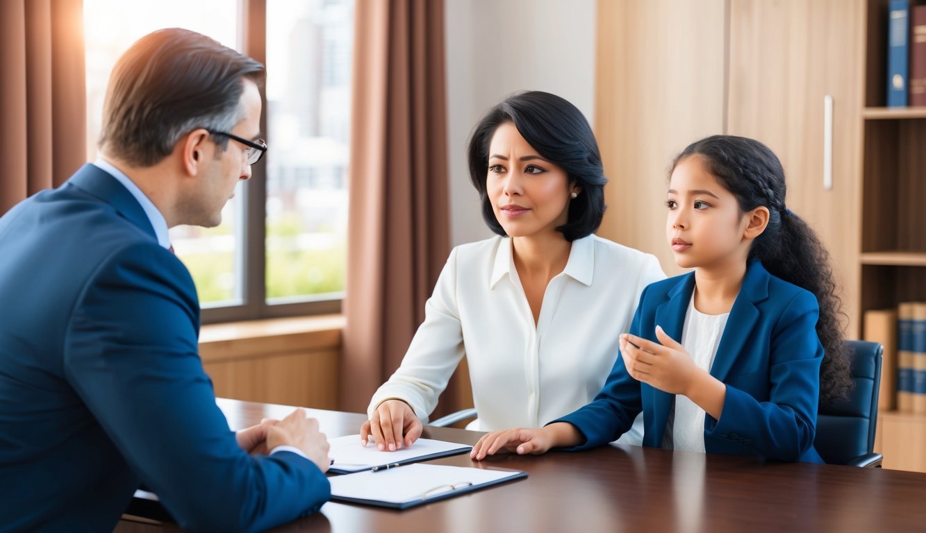 A mother and child sitting in a lawyer's office, discussing child custody.</p><p>The lawyer listens attentively as the mother expresses her concerns