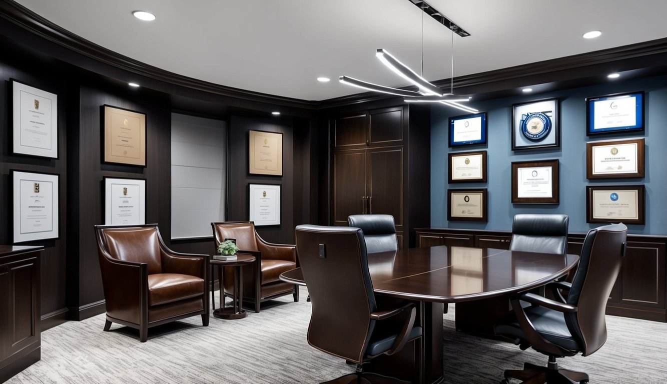 A sleek, modern office with a masculine touch.</p><p>Dark wood furniture, leather chairs, and a polished conference table.</p><p>A wall adorned with awards and accolades