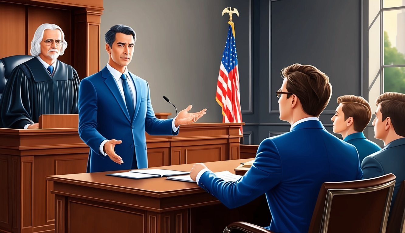 A courtroom with a confident lawyer presenting a case to a judge and jury