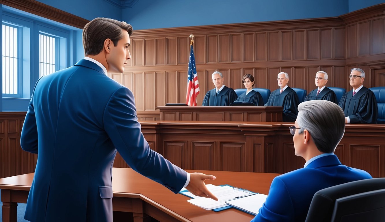 A courtroom with a male lawyer presenting a case to a judge and jury