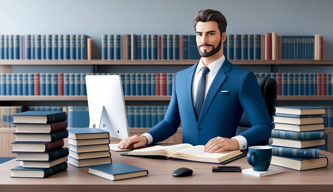 A confident lawyer in a modern office, surrounded by law books and a desk with a computer