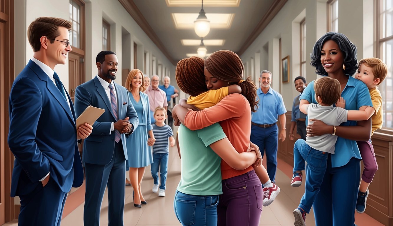 A mother and child embracing in a courthouse hallway, surrounded by supportive family members and a confident lawyer