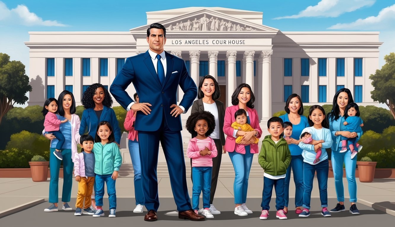 A confident lawyer standing in front of a Los Angeles courthouse, surrounded by supportive mothers and their children