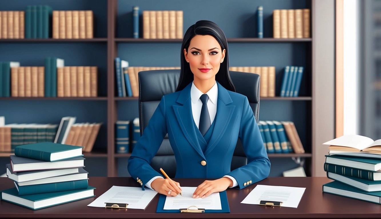 A professional woman in a tailored suit sits confidently behind a desk in a modern law office, surrounded by legal books and documents