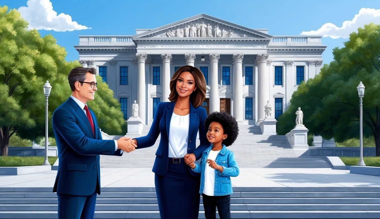 A mother and child standing in front of a grand courthouse in Washington DC, with a lawyer in a professional suit offering support