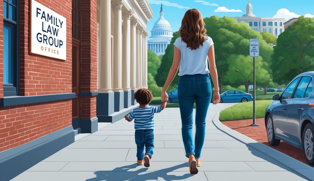 A mother and child walking hand in hand towards the Family Law Group office in Washington DC