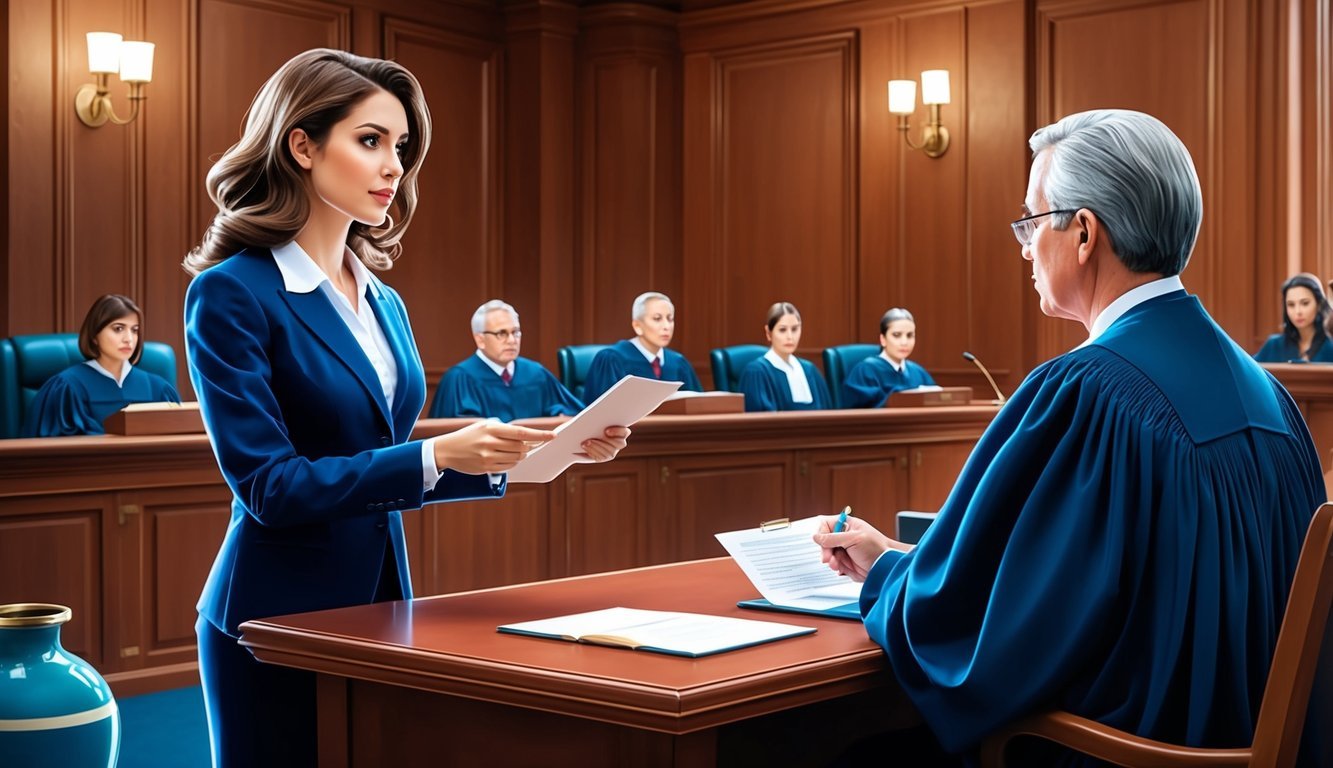 A courtroom with a female lawyer presenting evidence to a judge