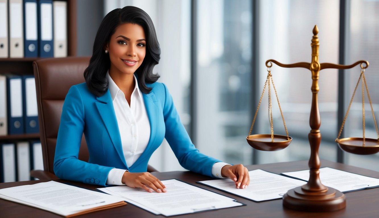 A confident woman in a professional setting, surrounded by legal documents and a scale representing justice