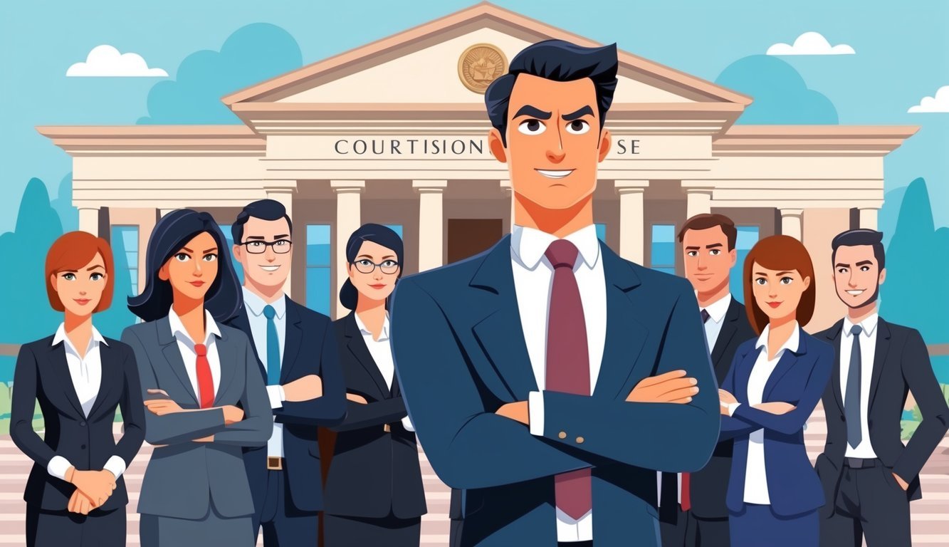 A confident lawyer stands in front of a courthouse, with a determined expression, surrounded by a supportive team of professionals