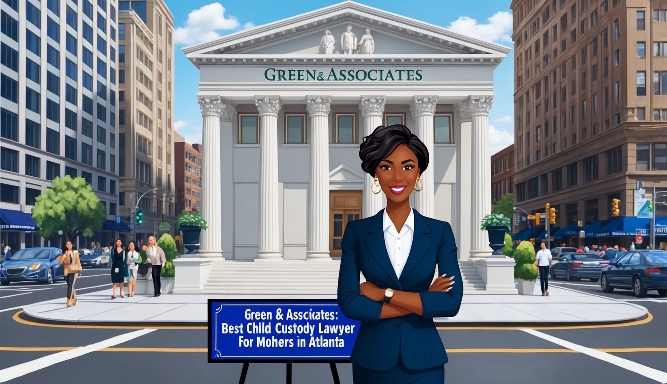 A confident lawyer stands in front of a courthouse, with a sign reading "Green & Associates: Best child custody lawyer for mothers in Atlanta." The building is surrounded by bustling city streets