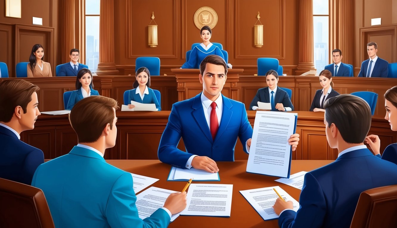 A courtroom with a lawyer presenting a case, surrounded by clients and legal documents