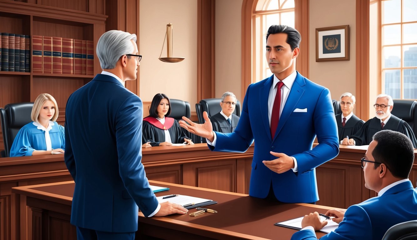 A courtroom with a confident lawyer presenting a case to a judge