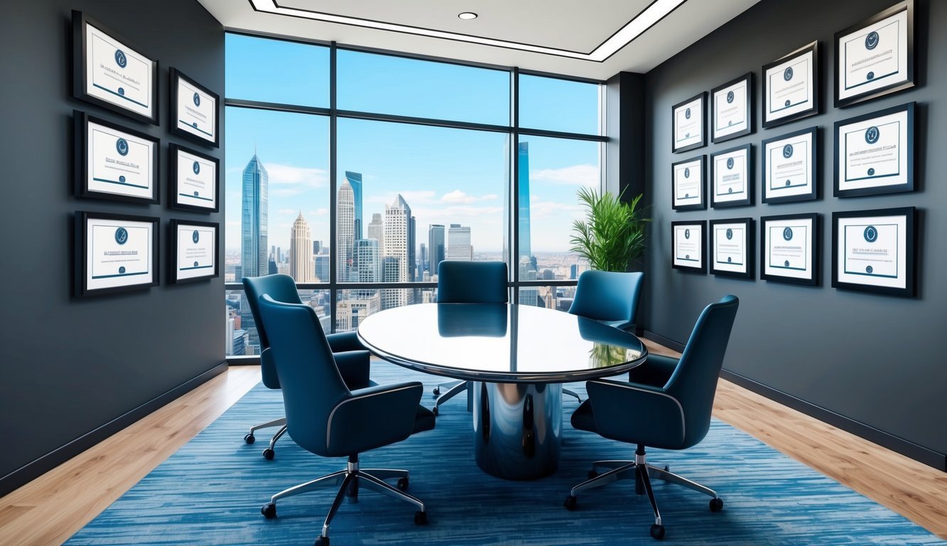 A sleek, modern office with a skyline view, a polished conference table, and a wall adorned with framed legal accolades