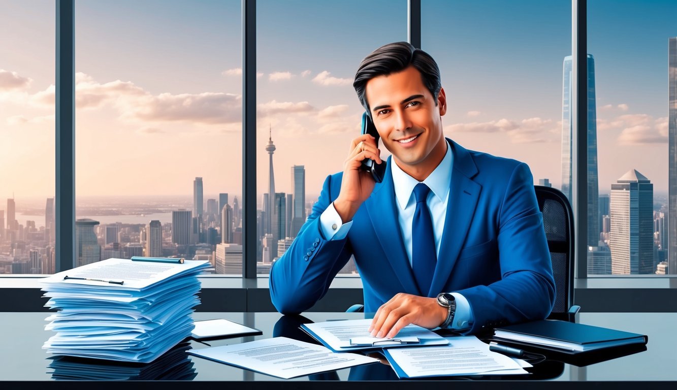 A sleek, modern office with a skyline view.</p><p>A desk cluttered with legal documents.</p><p>A confident lawyer on the phone