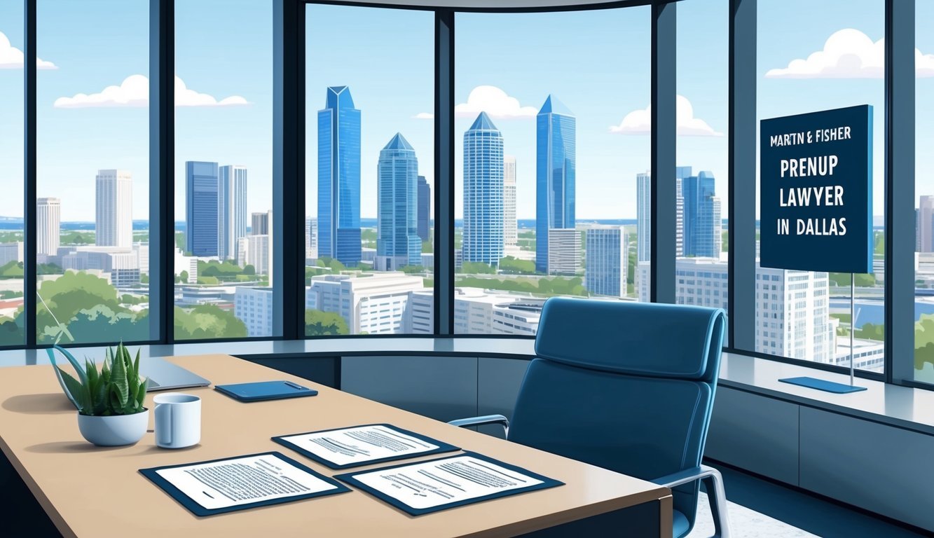 A modern office with sleek furniture and large windows overlooking a city skyline.</p><p>A desk with legal documents and a sign reading "Martin & Fisher Best prenup lawyer in Dallas."