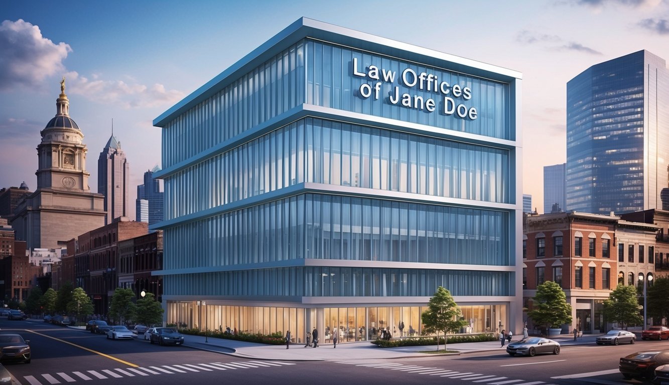 A sleek, modern office building with the name "Law Offices of Jane Doe" prominently displayed, located in the bustling city of Philadelphia