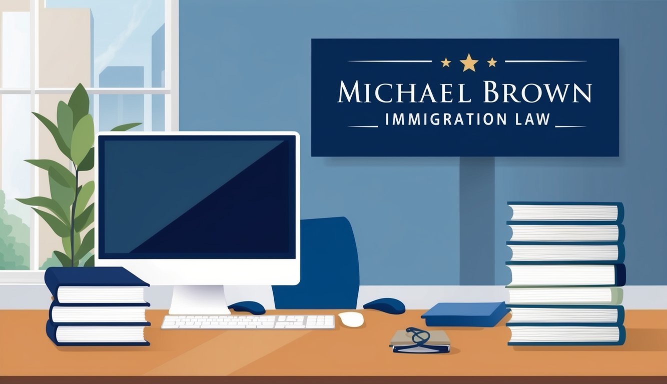 An office scene with a professional setting, featuring a desk, computer, law books, and a sign with "Michael Brown Immigration Law" prominently displayed