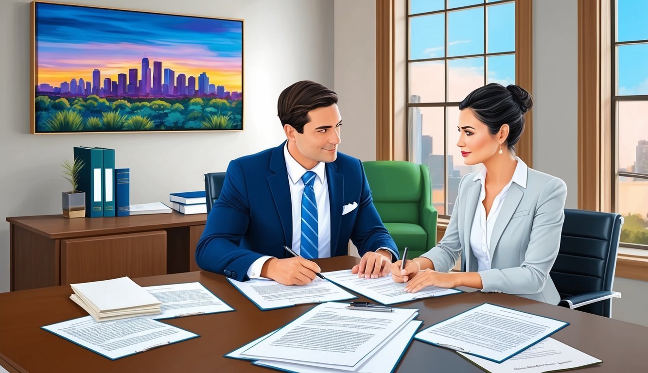 A lawyer's office with a Phoenix skyline painting, a desk with legal documents, and a couple discussing prenuptial agreement