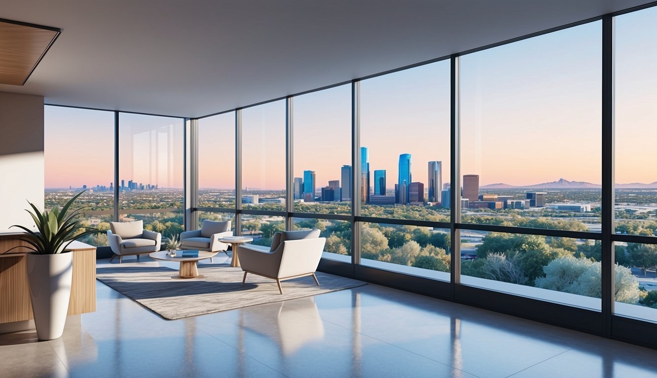 A sleek, modern office with large windows overlooking the Phoenix skyline.</p><p>A professional atmosphere with elegant decor and a welcoming reception area