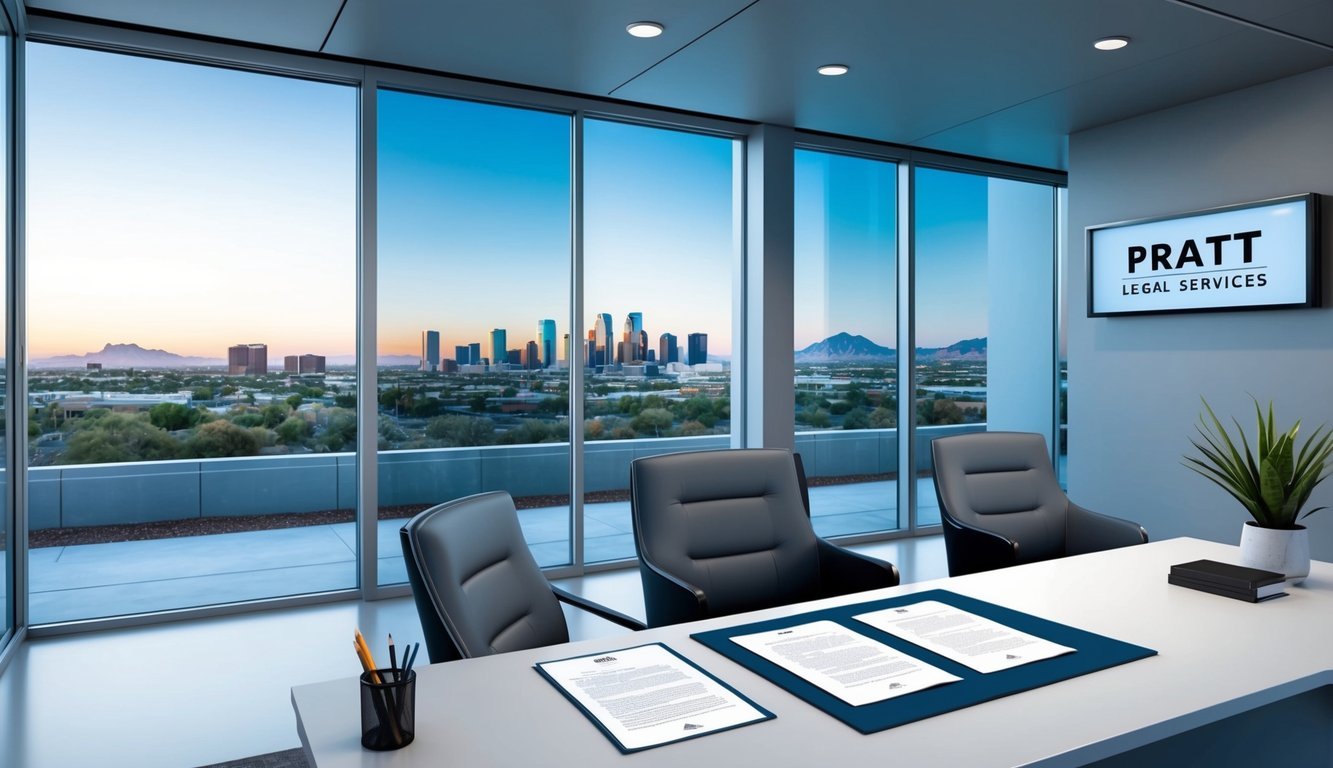 A sleek, modern office with large windows and a view of the Phoenix skyline.</p><p>A desk with legal documents and a sign reading "Pratt Legal Services."