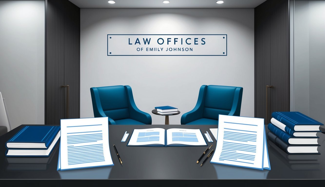 A sleek, modern office with the name "Law Offices of Emily Johnson" displayed prominently.</p><p>A professional atmosphere with legal books and documents