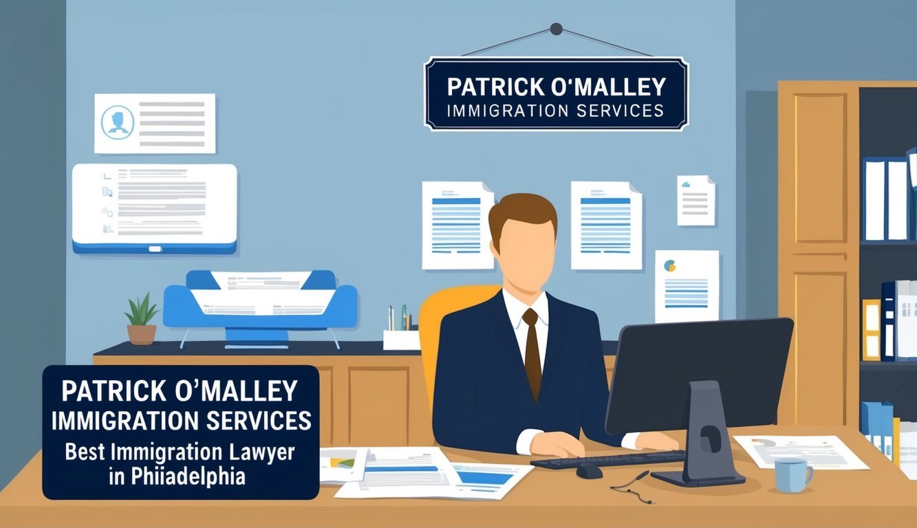 An office with a desk, computer, and legal documents.</p><p>A sign reads "Patrick O'Malley Immigration Services - Best immigration lawyer in Philadelphia."