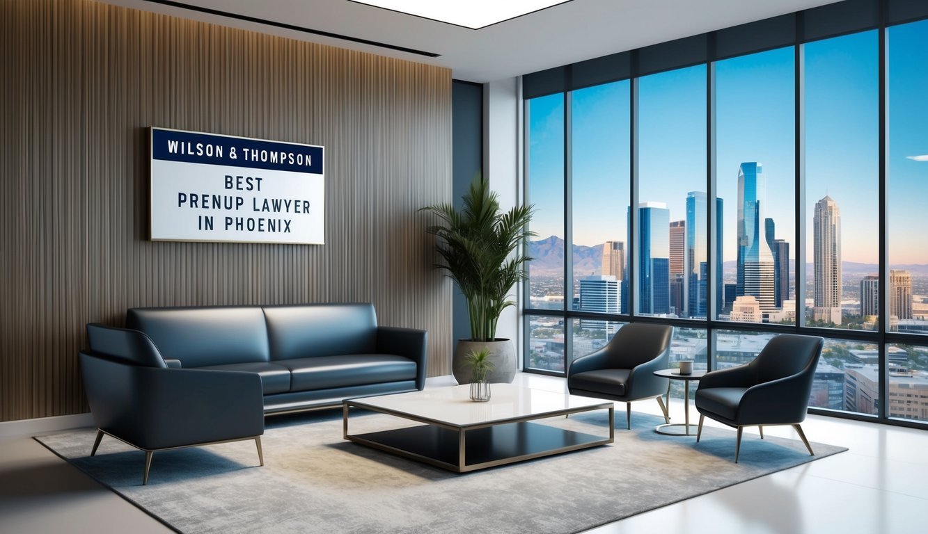 A modern office with sleek furniture and large windows overlooking the city skyline.</p><p>A plaque on the wall reads "Wilson & Thompson, Best prenup lawyer in Phoenix."