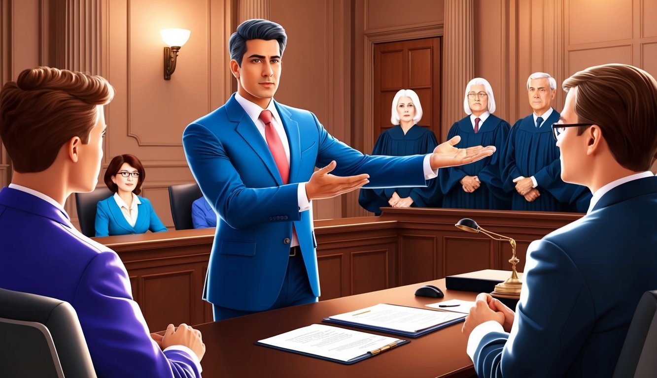 A courtroom with a confident lawyer presenting a case to a judge and jury