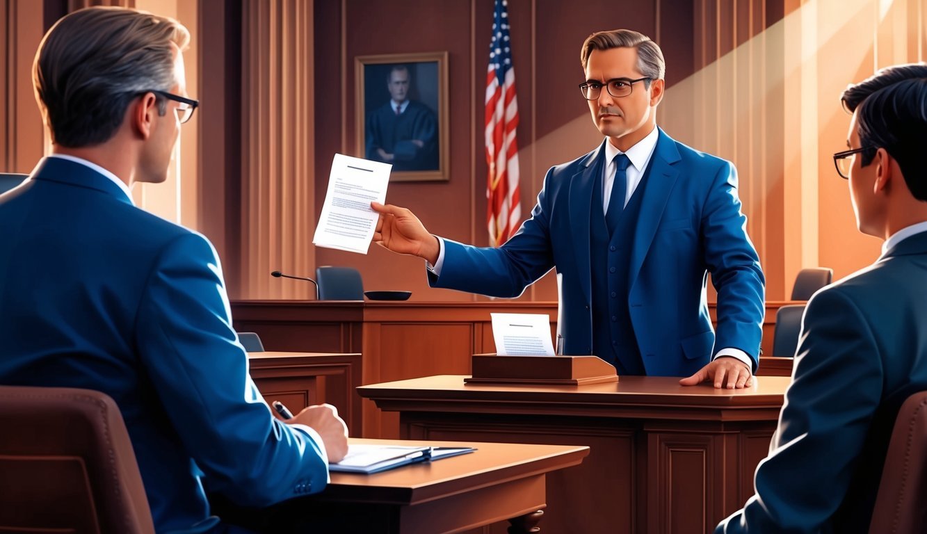 A courtroom scene with a confident lawyer presenting evidence to a judge