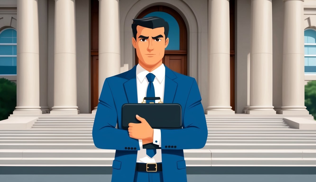 A confident lawyer standing in front of a courthouse, with a determined expression, holding a briefcase