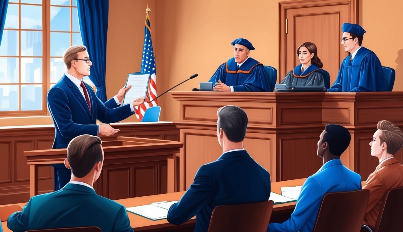 A courtroom with a lawyer presenting a case to a judge and jury