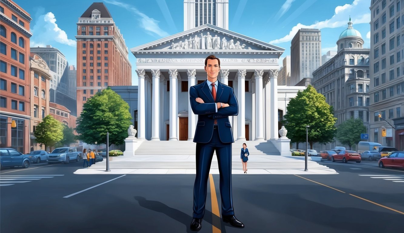 A confident lawyer stands in front of a courthouse, surrounded by towering city buildings and bustling streets.</p><p>The atmosphere is professional and determined