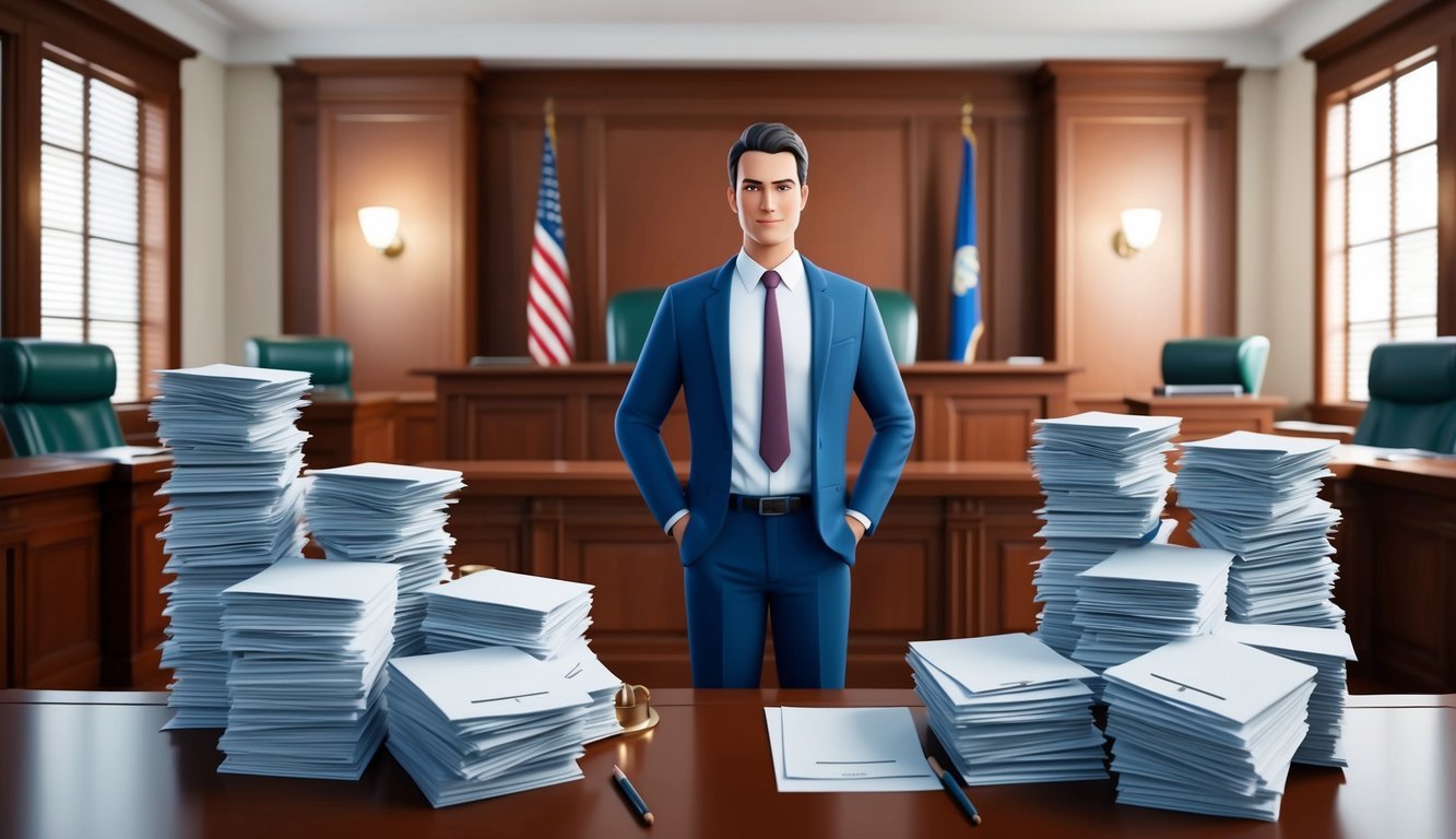 A confident lawyer standing in a courtroom, surrounded by stacks of legal documents and a judge's bench in the background