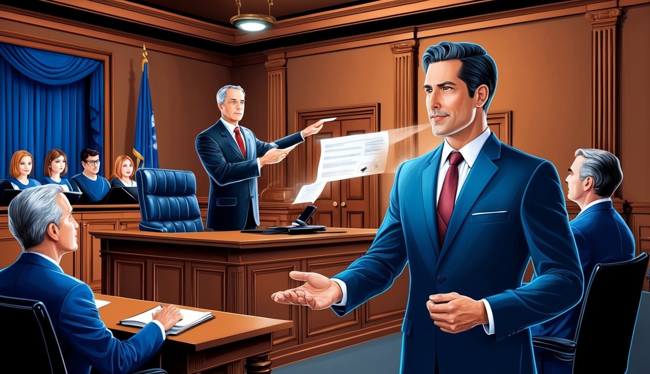 A courtroom with a confident lawyer presenting evidence to a judge and jury