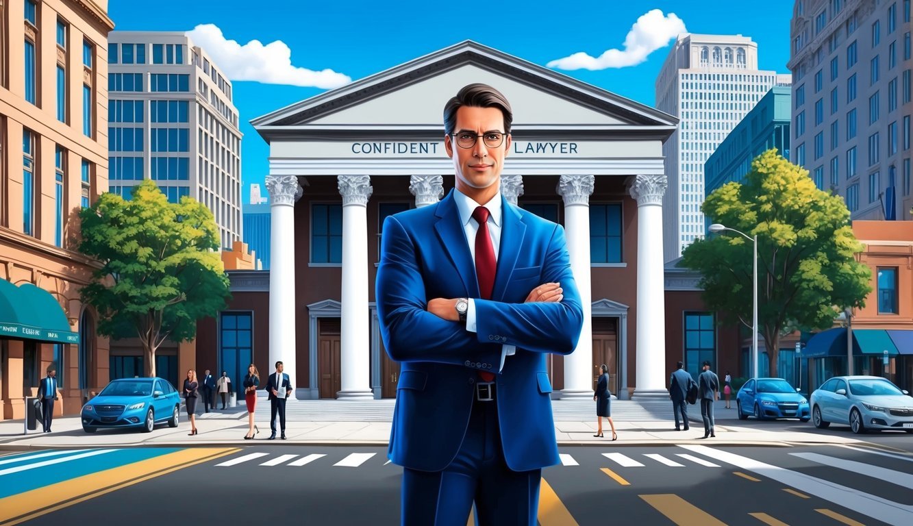 A confident lawyer standing in front of a courthouse, surrounded by tall buildings and bustling city streets