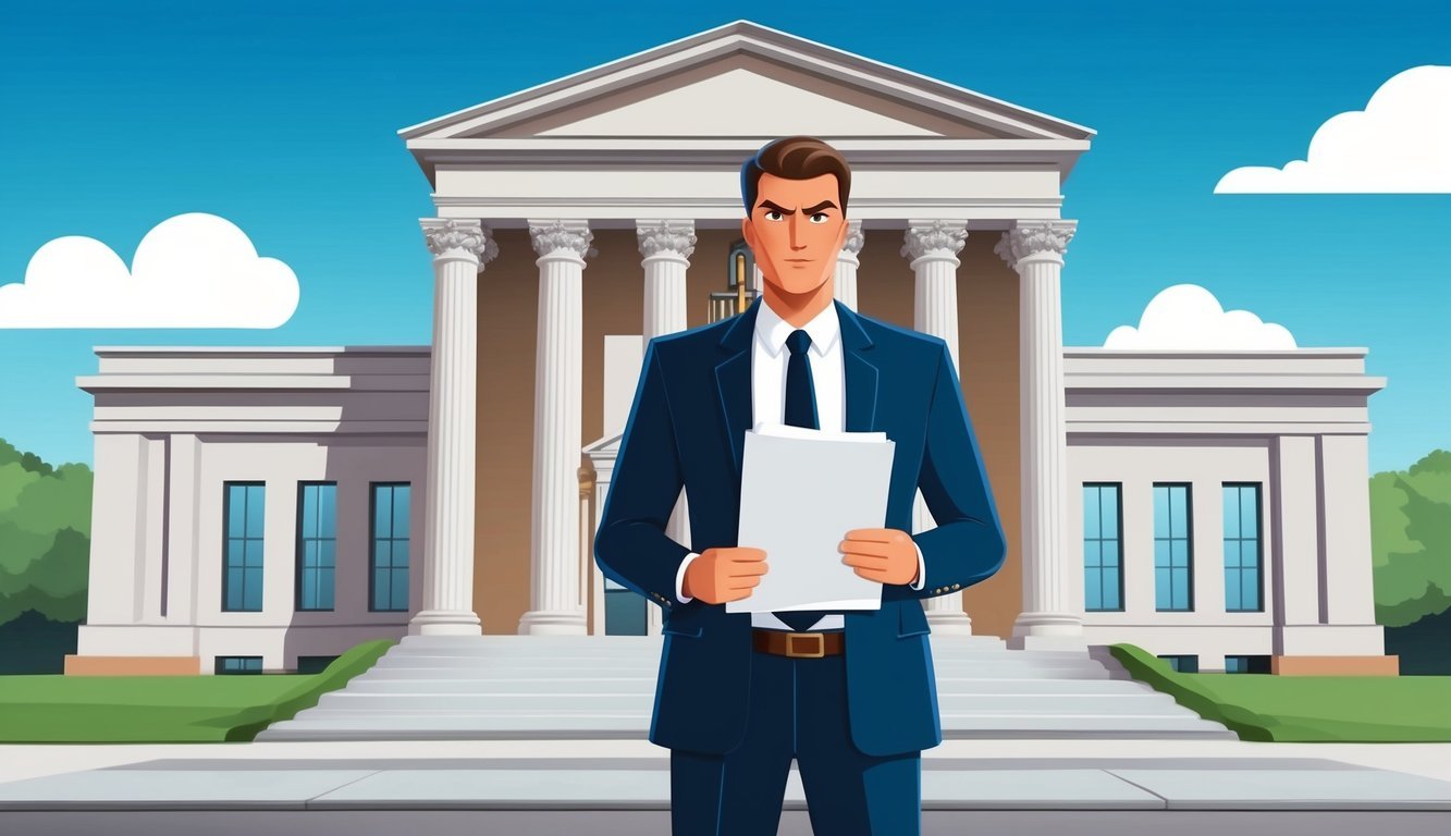 A confident lawyer standing in front of a courthouse, with a determined expression, holding legal documents