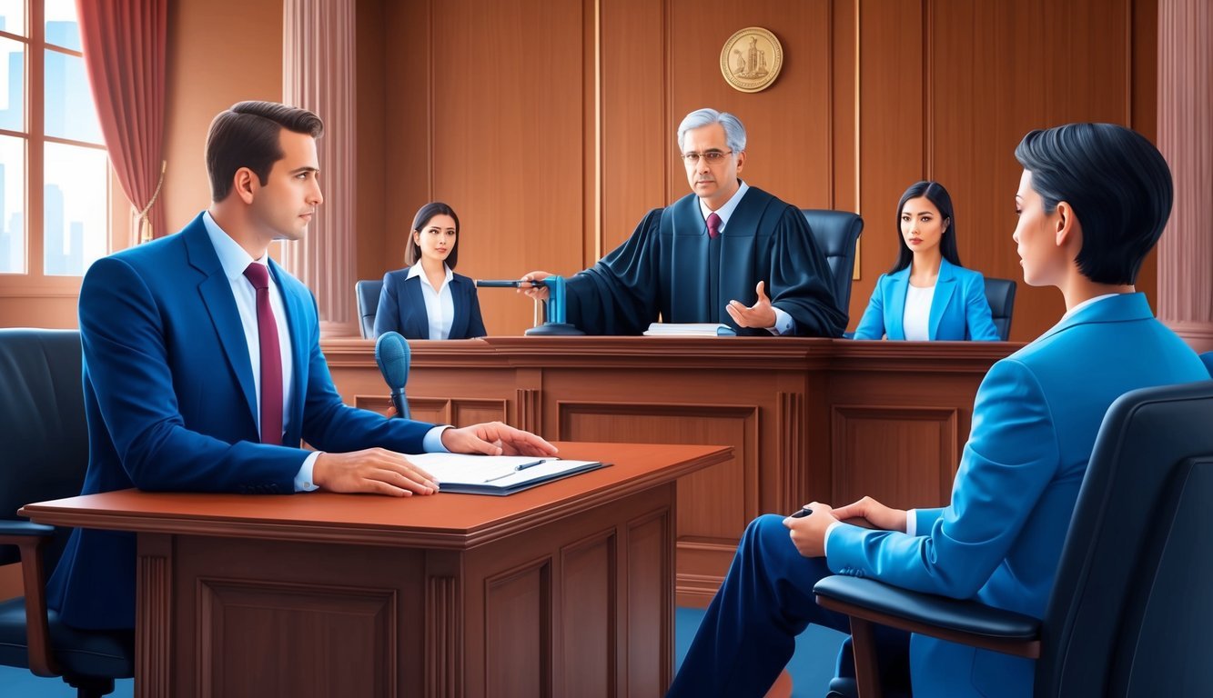 A courtroom with a lawyer presenting a case, judge presiding, and clients seeking a restraining order