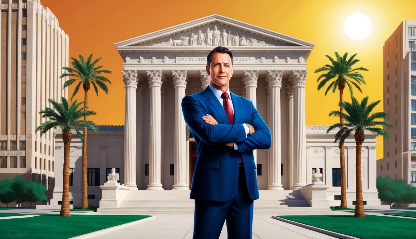 A confident lawyer standing in front of a courthouse, surrounded by tall buildings and palm trees under the bright Arizona sun