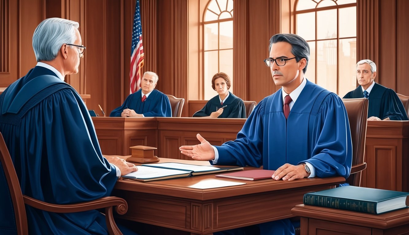 A courtroom scene with a lawyer presenting a case to a judge