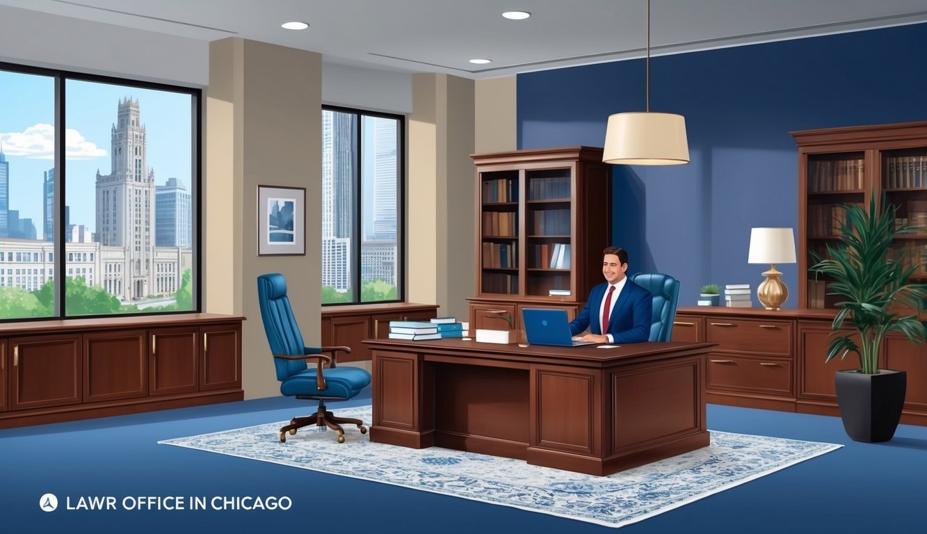 A bustling law office in Chicago, with a professional and welcoming atmosphere