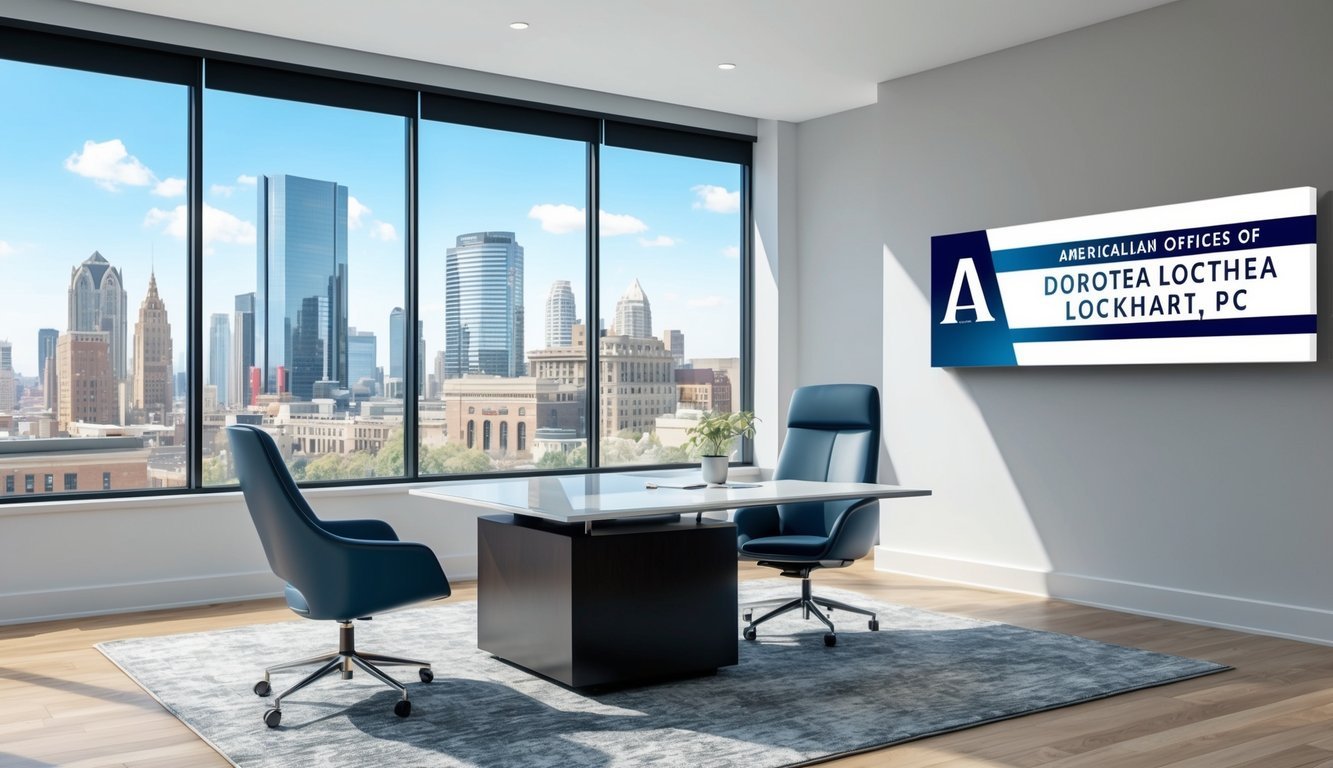 A modern office with a sleek desk and chair, a large window with a city view, and a sign displaying "American Law Offices of Dorothea Lockhart, PC" in a prominent location