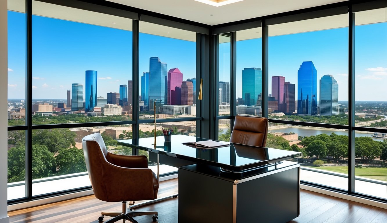 A modern office with a sleek desk, leather chair, and large windows overlooking the Houston city skyline