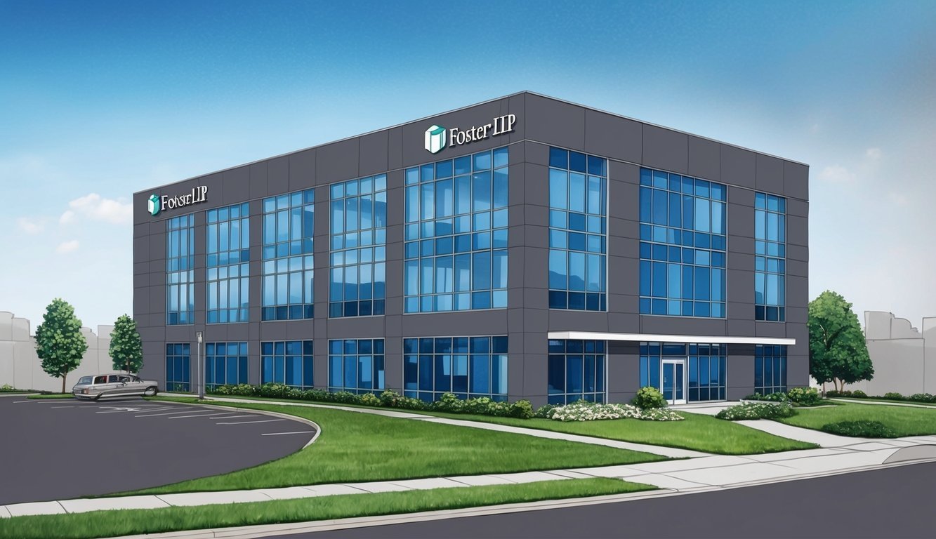 A modern office building with the Foster LLP logo prominently displayed on the exterior