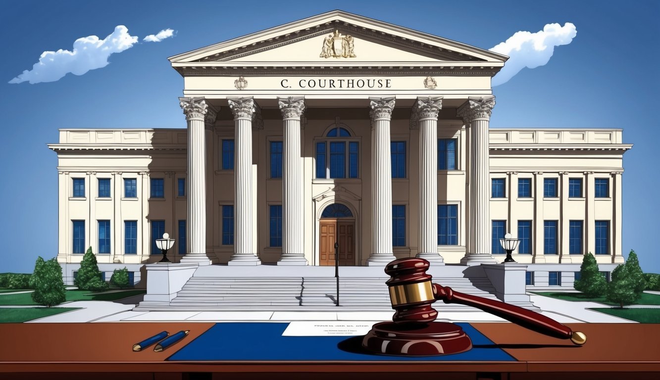 A grand courthouse with columns and a gavel on a desk