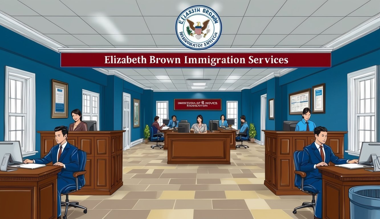 A busy office with a sign reading "Elizabeth Brown Immigration Services" in Philadelphia.</p><p>Clients wait in the lobby, while staff work at desks