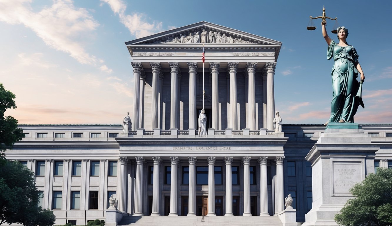 A grand courthouse facade with a towering statue of Lady Justice in the foreground